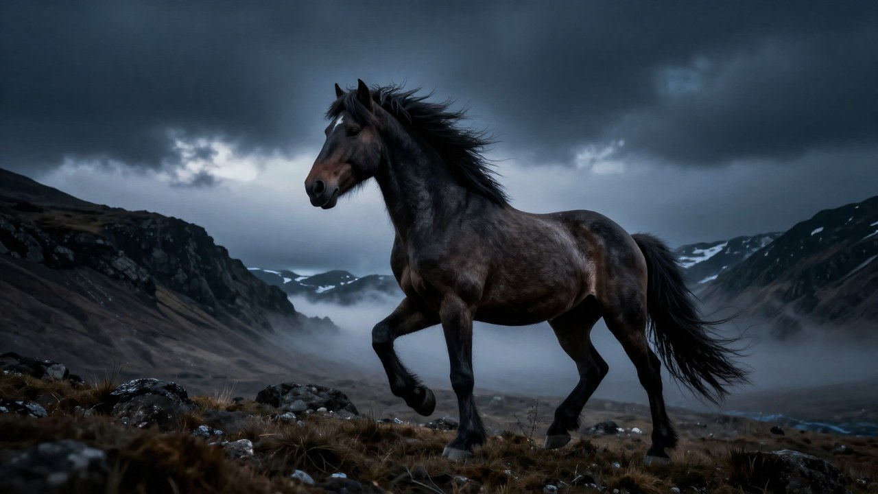 Sleipnir, el caballo nórdico de ocho patas, cruza un paso de montaña en un paisaje brumoso y épico.