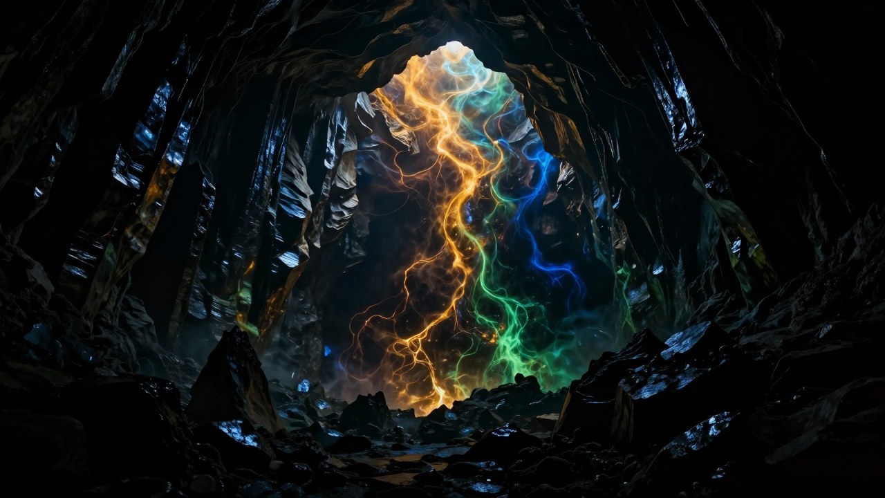 Caverna colosal con formaciones oscuras, atravesada por vetas de energía luminosa en tonos azul y ámbar.
