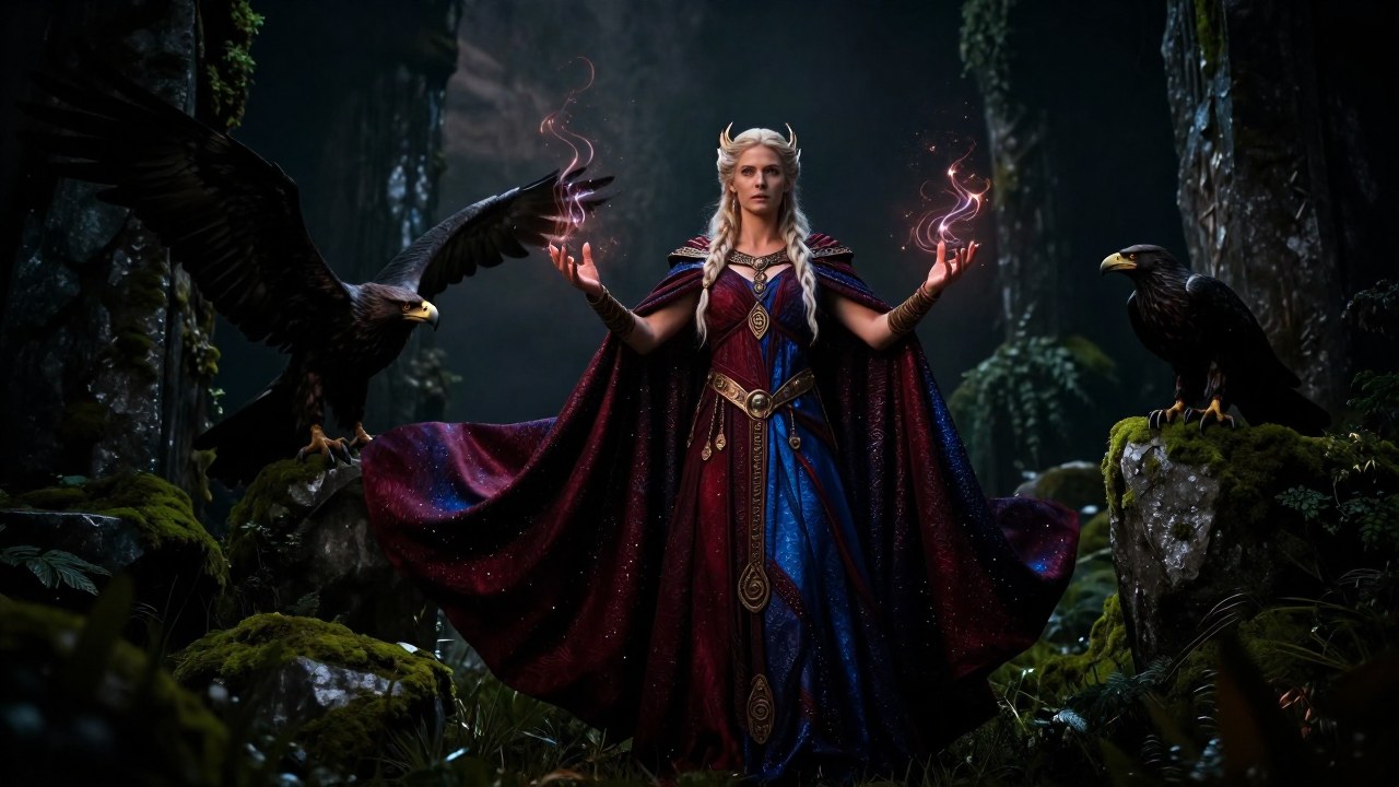 La diosa nórdica Freya en un paisaje místico, acompañada de rapaces y energía mágica.