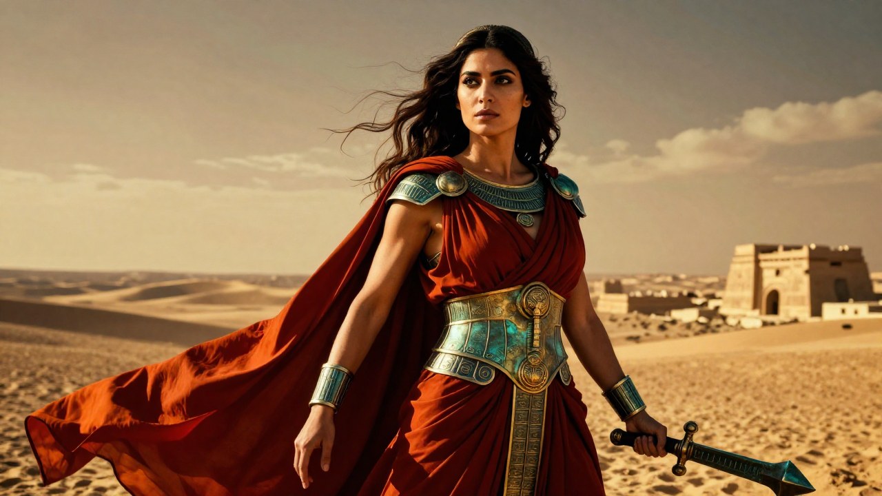Mujer poderosa con armadura y vestimenta fluida representa la dualidad de la guerra y el amor en Mesopotamia.
