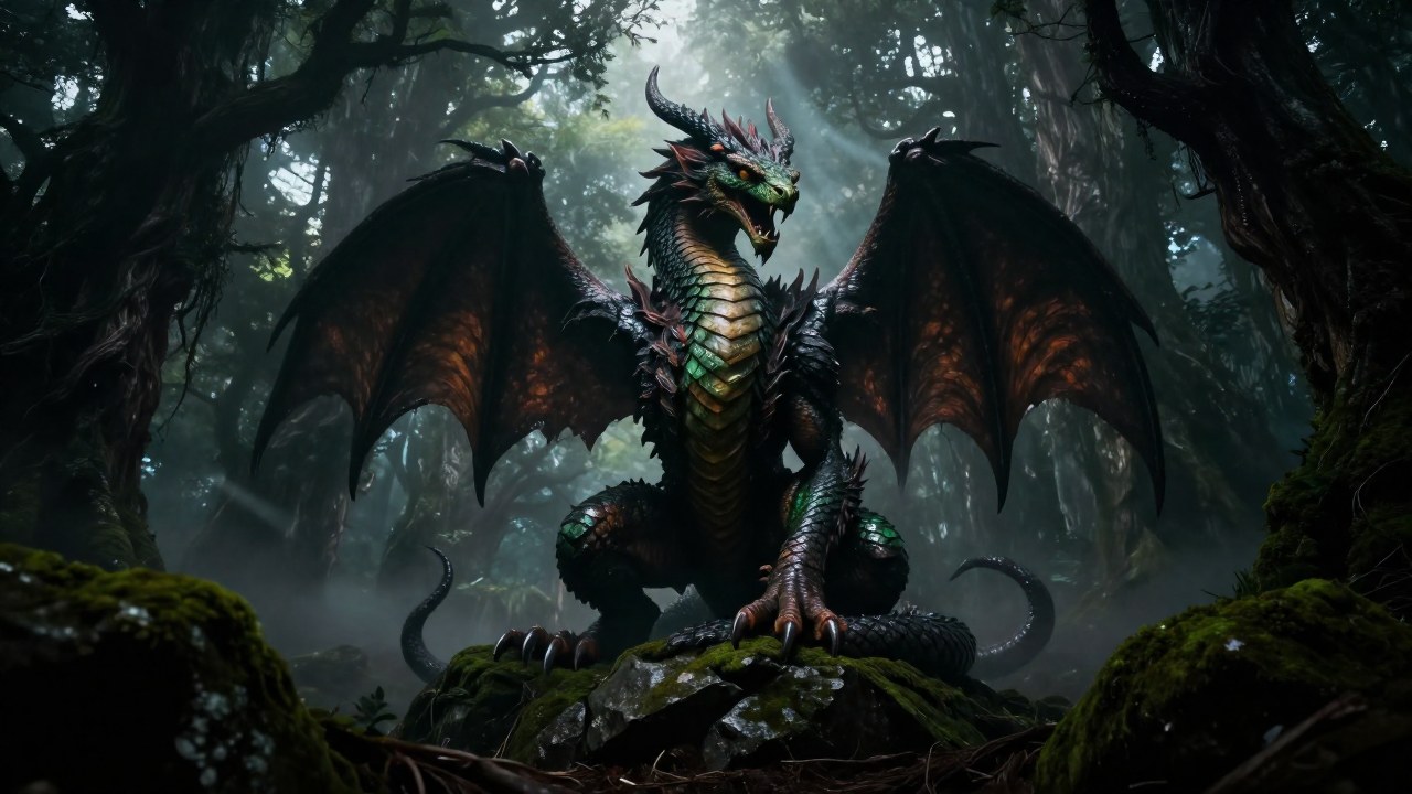 El Zmey Gorynych, una criatura serpentina de múltiples cabezas, se encuentra enroscado en un bosque antiguo y brumoso.