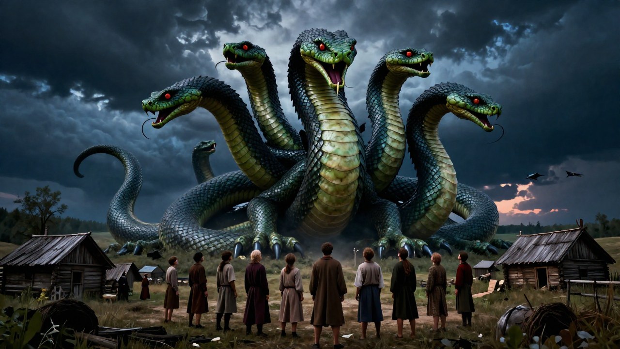 Un grupo de figuras rurales observa a la masiva criatura mitológica Zmey Gorynych en un paisaje de Europa del Este.