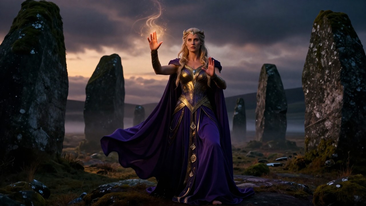 Freya, la diosa nórdica, invoca poder mágico mientras se encuentra en un paisaje místico.