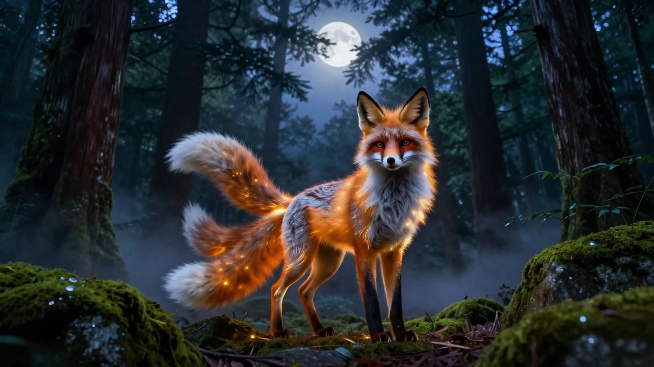 Kitsune de múltiples colas en un bosque japonés antiguo y brumoso al anochecer.