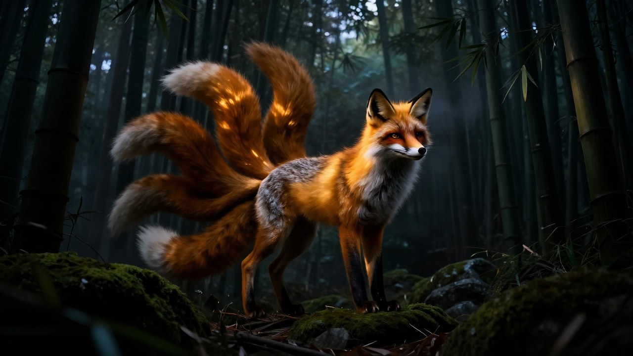 Kitsune, espíritu majestuoso en un bosque japonés, simbolizando su dualidad entre la luz etérea y las profundas sombras.