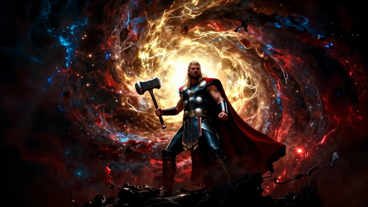 Figura con armadura nórdica y Mjölnir combate una poderosa energía elemental cósmica en un choque épico.