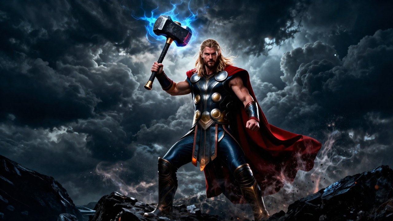 Thor, el dios nórdico en armadura, sostiene Mjölnir en un paisaje tormentoso, simbolizando su poder frente al caos.