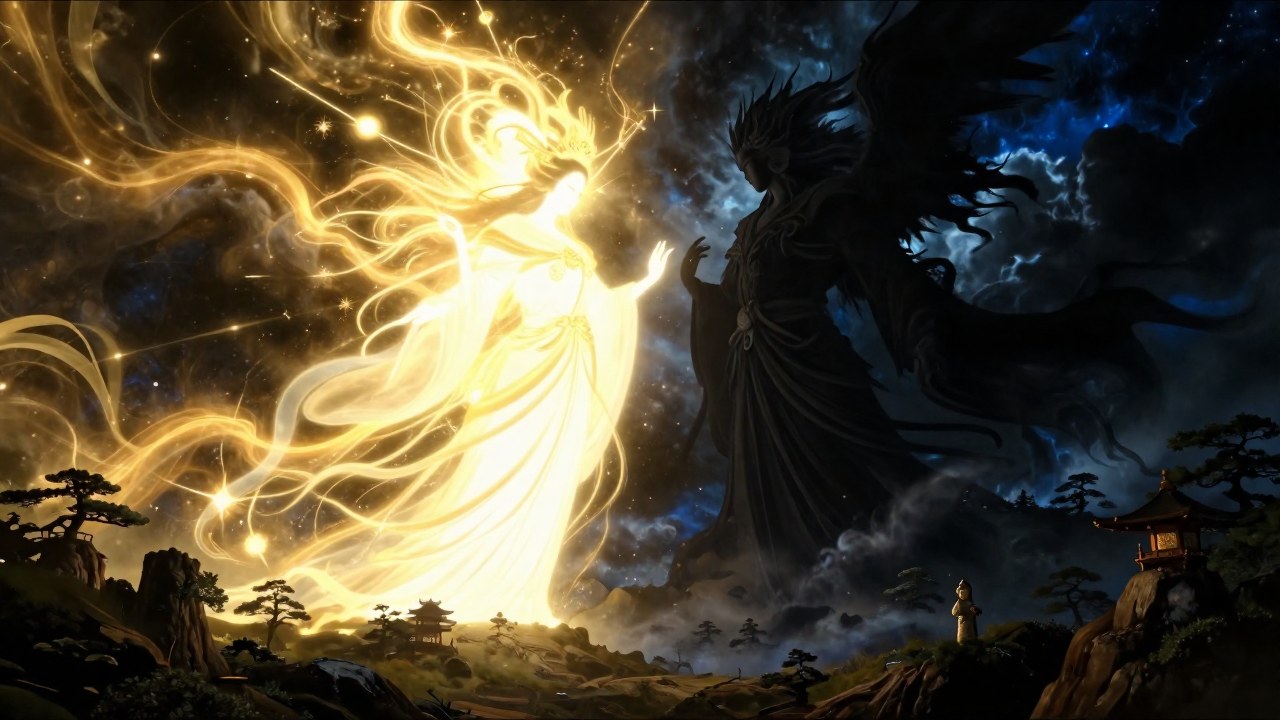 Diosa Amaterasu, que irradia luz dorada, confronta una fuerza de sombra en un paisaje antiguo de Japón.
