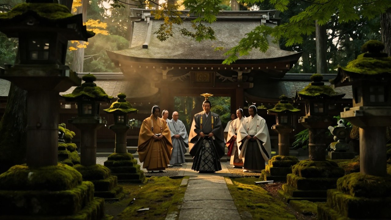 Figuras en túnicas ceremoniales dentro de un antiguo jardín sagrado de la línea imperial japonesa.