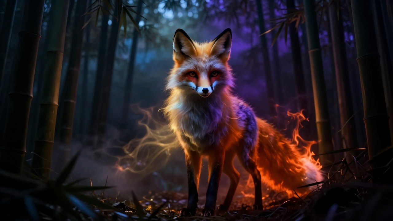 Un espíritu Kitsune en un bosque de bambú al anochecer, mostrando la dualidad entre luz y sombra.