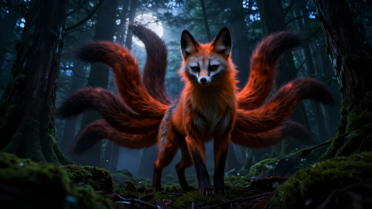 Un Kitsune japonés de múltiples colas está en pie dentro de un bosque antiguo y brumoso.