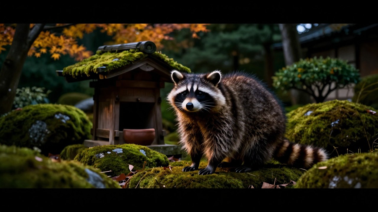 Tanuki en un jardín japonés tradicional junto a una antigua estructura de madera.
