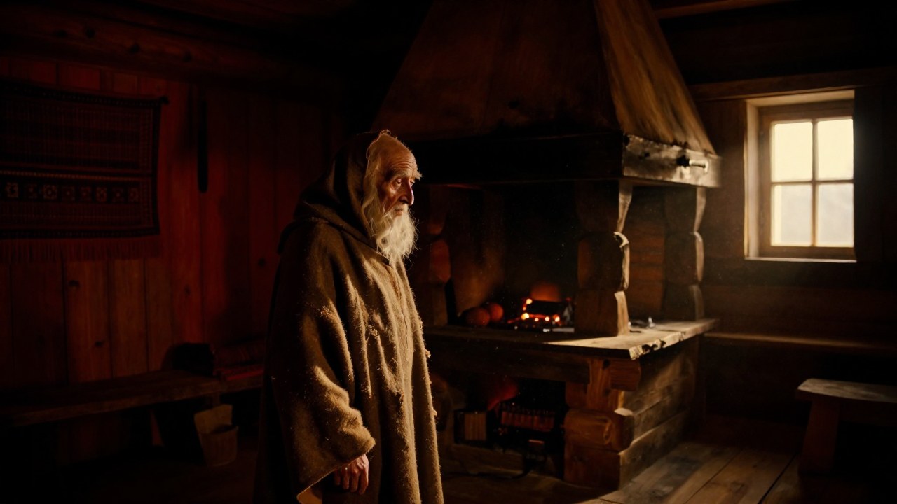 Figura anciana y protectora en un rústico interior de antigua vivienda eslava junto a la chimenea.