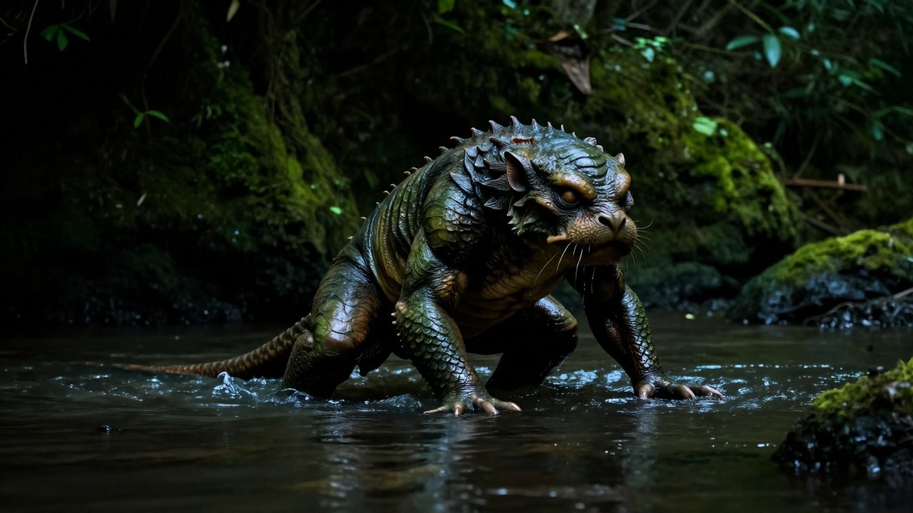 La criatura Kappa emerge de un río pantanoso rodeado de vegetación densa y musgosa.
