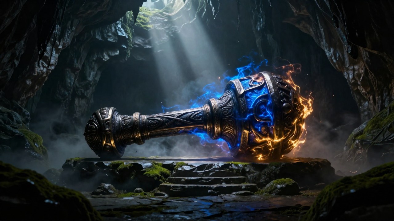 Club antiguo y masivo, forjado en metal oscuro, emana una intensa energía en un altar de caverna.