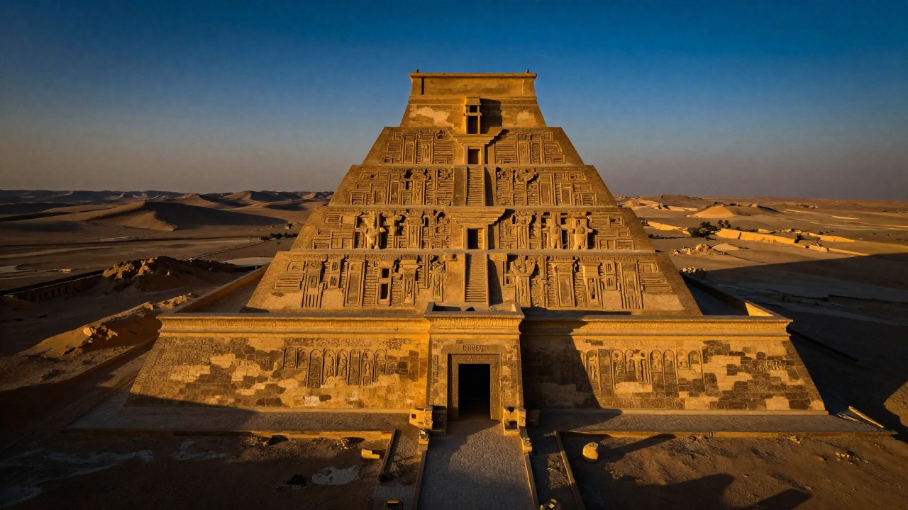 Zigurát monumental de ladrillo babilonio dominando un vasto paisaje desértico en Mesopotamia.