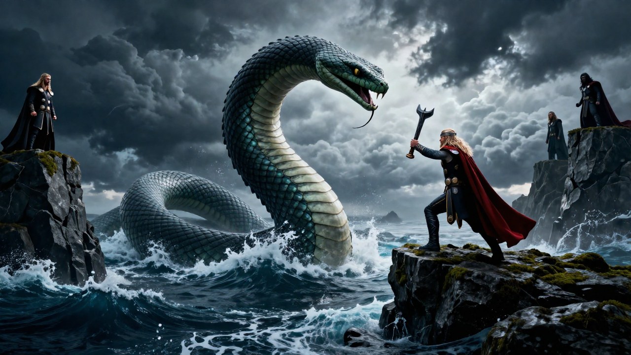 Thor enfrenta a la colosal serpiente de Midgard, Jörmungandr, desde un peñasco junto al mar.