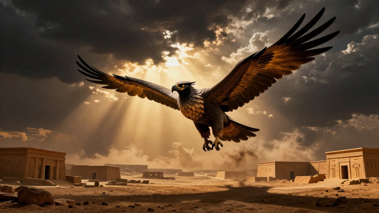 Criatura mitológica colosal sobre un paisaje árido con ruinas de Mesopotamia.