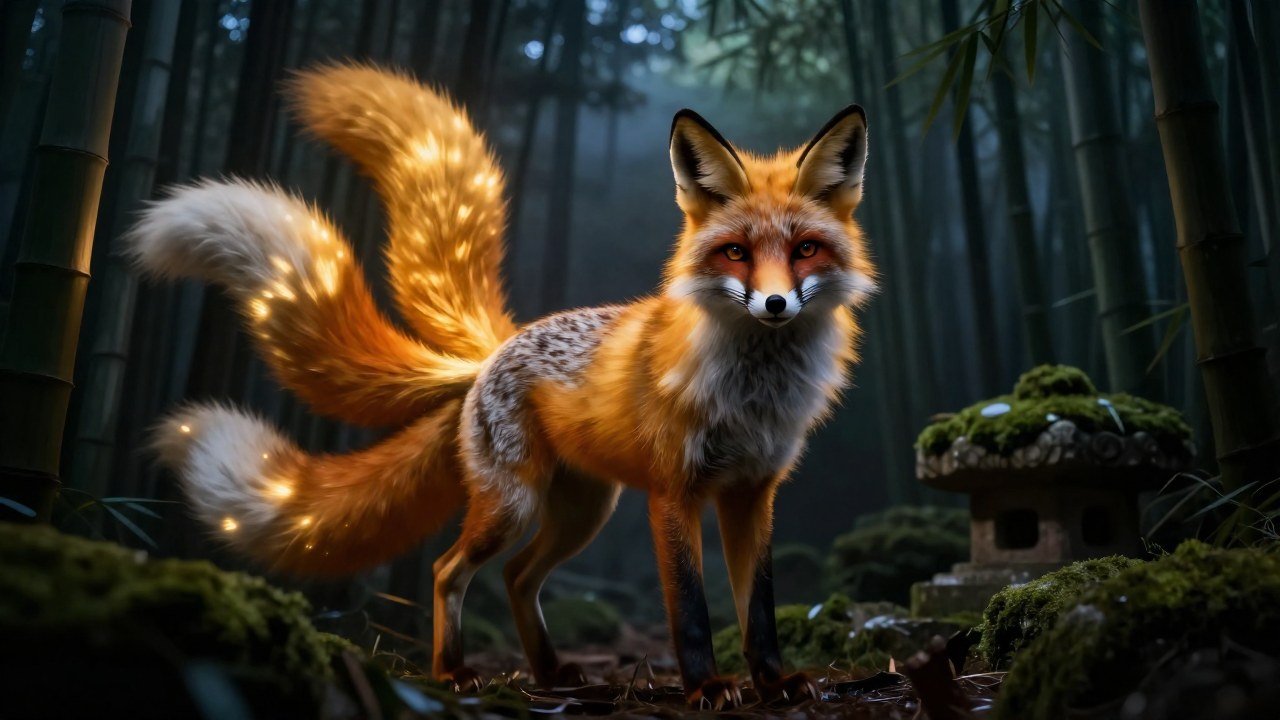 Un Kitsune en un bosque de niebla, simbolizando la dualidad entre la luz dorada y la sombra.