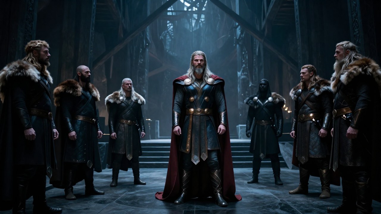 Odin, el dios principal, se encuentra en el centro de un gran salón monumental rodeado por otros dioses nórdicos.