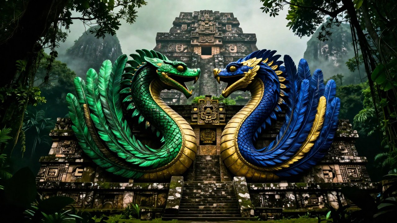 Dos serpientes emplumadas divinas simbolizan la relación entre Kukulcán y Quetzalcóatl alrededor de una ruina.