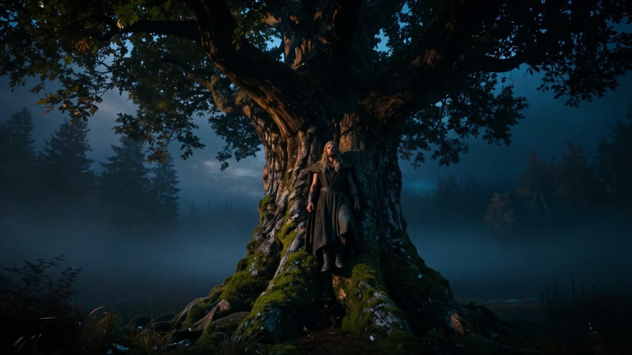 Una figura formidable descansa contra el tronco colosal del árbol del mundo Yggdrasil.
