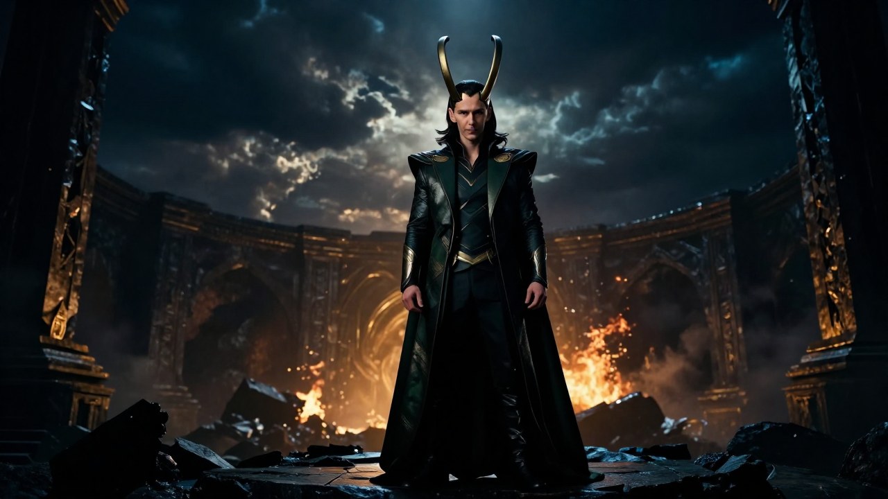 Loki, el Dios del Engaño, se encuentra de pie en un extenso paisaje mitológico nórdico y ruinoso.
