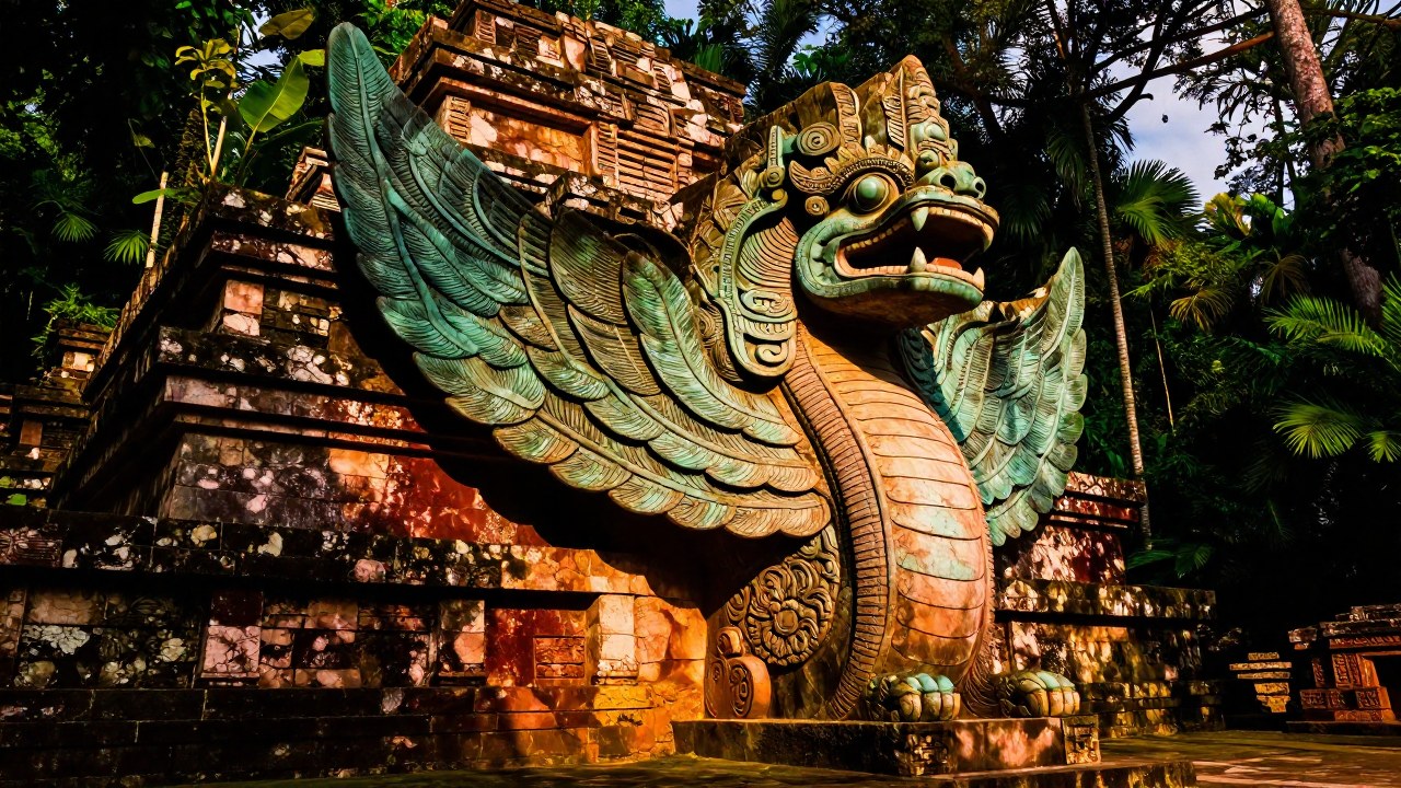 Escultura monumental de Quetzalcóatl emergiendo entre las ruinas de una antigua ciudad mesoamericana.