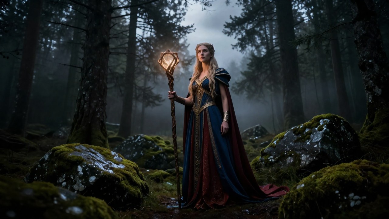 Freya, la diosa nórdica, se alza en un claro brumoso del paisaje nórdico sosteniendo un objeto mágico luminoso.