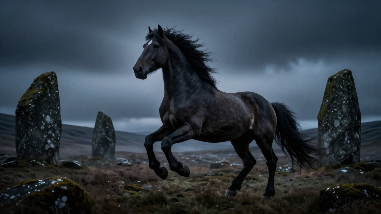 Sleipnir, el caballo mitológico de ocho patas, cruza un paisaje nórdico brumoso con ruinas de piedra.