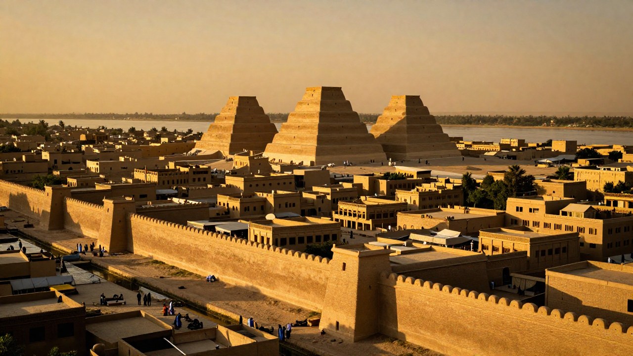 Ciudad antigua en Mesopotamia con vasto desarrollo urbano, zigurats de ladrillo y personas trabajando.