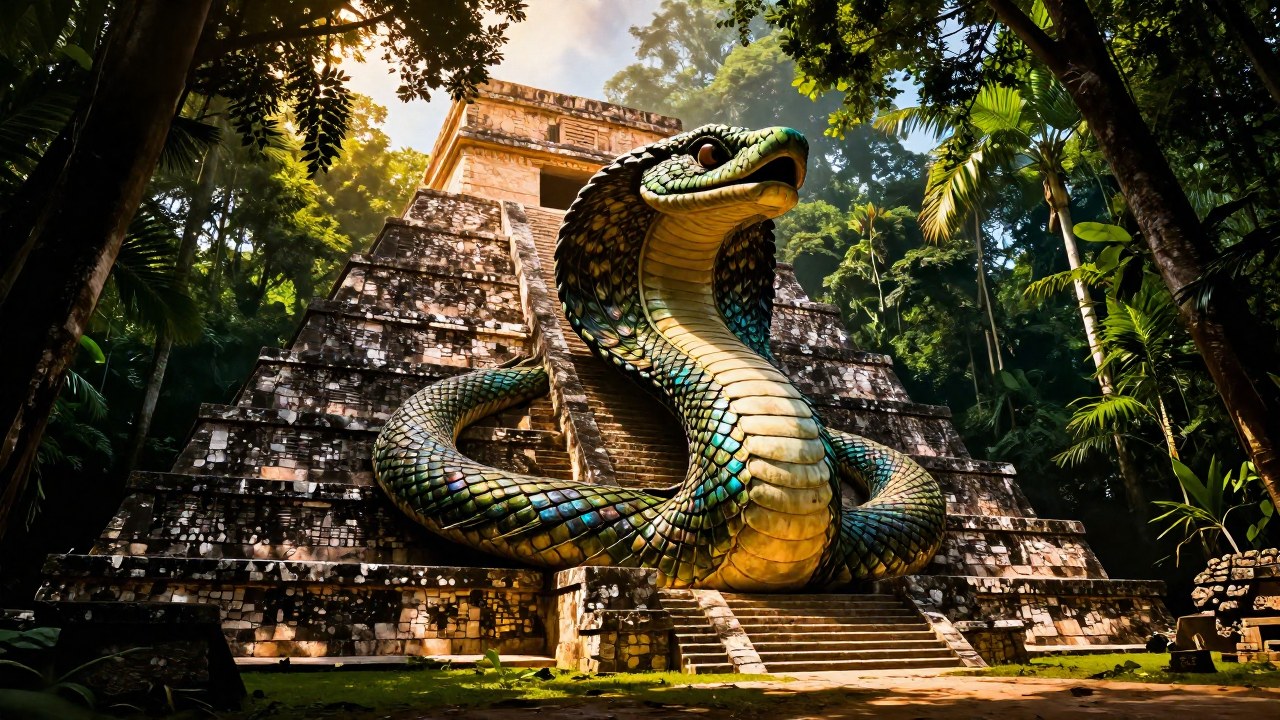 Kukulkan, la serpiente emplumada, se manifiesta en ruinas de una antigua selva mesoamericana.