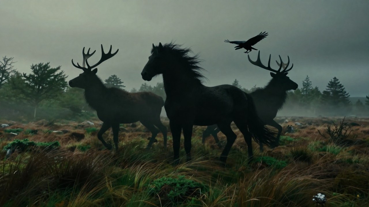 Criatura metamórfica que se transforma entre siluetas de caballo, ciervo y cuervo en un paisaje irlandés.