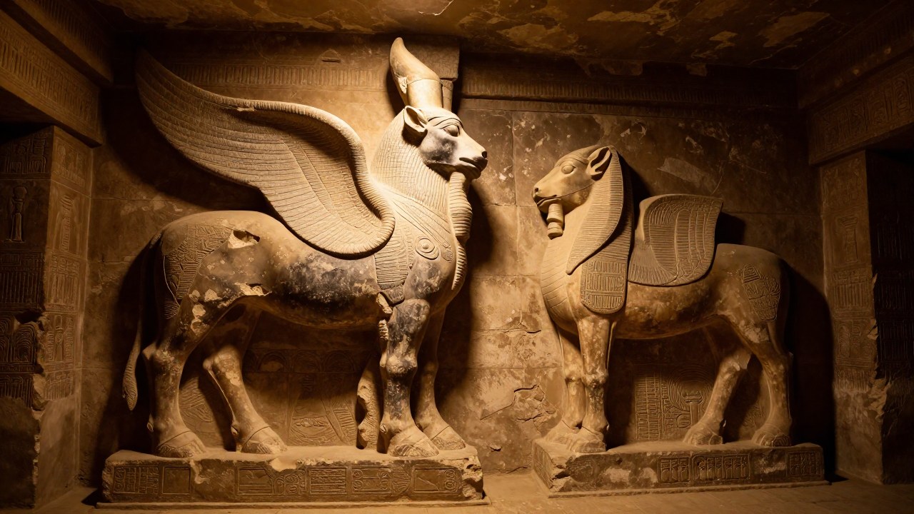 Dos esculturas guardianas de piedra, un Lamassu y otra figura, en el interior de una tumba antigua.