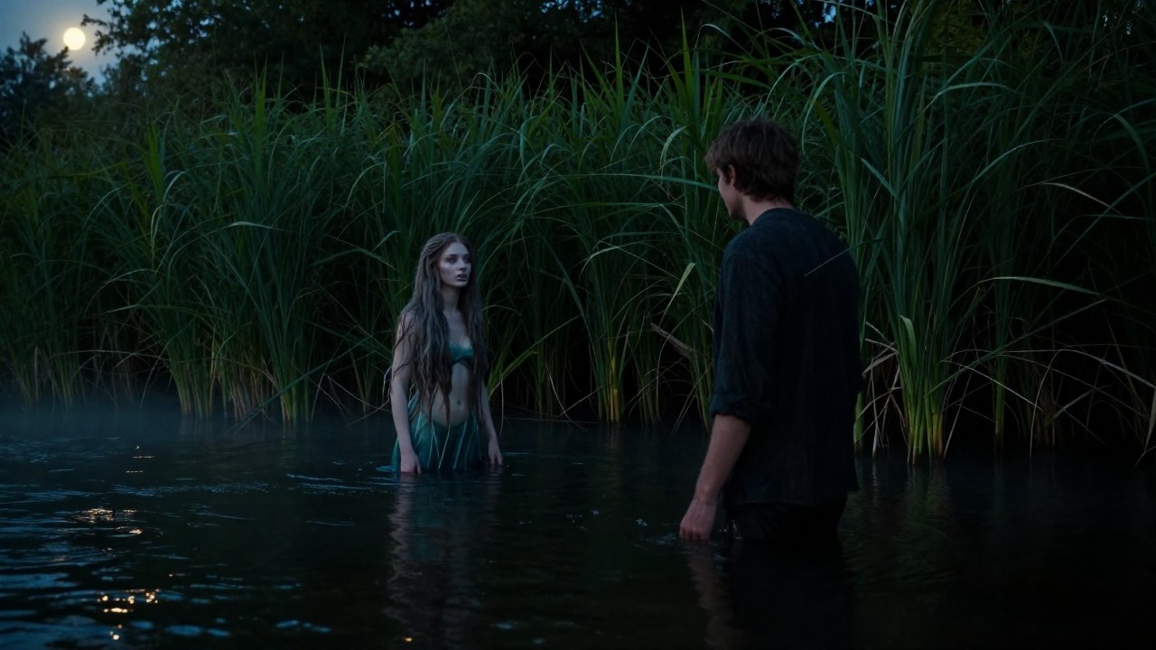 Una Rusalka en la orilla del río atrae a un hombre solitario hacia las aguas oscuras al anochecer.