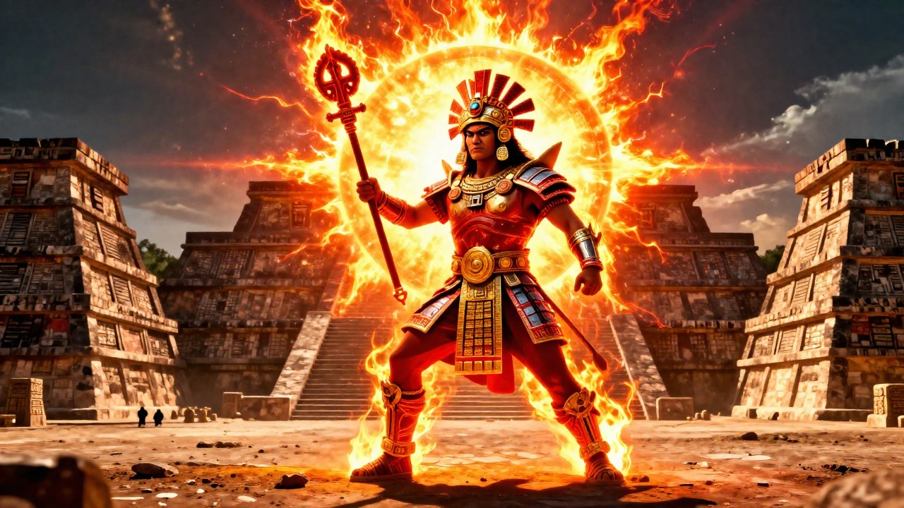 Guerrero en armadura ceremonial con arma frente a las ruinas de un templo mesoamericano bajo la luz del sol.
