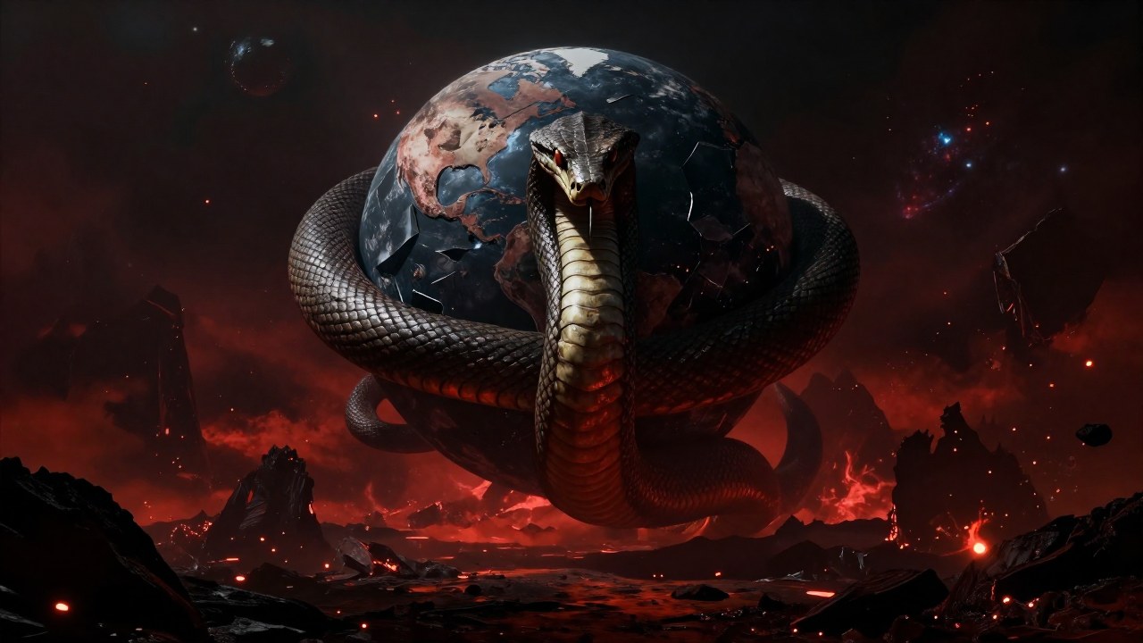 Serpiente primordial gigantesca enroscada alrededor de un planeta fracturado sobre un paisaje apocalíptico.
