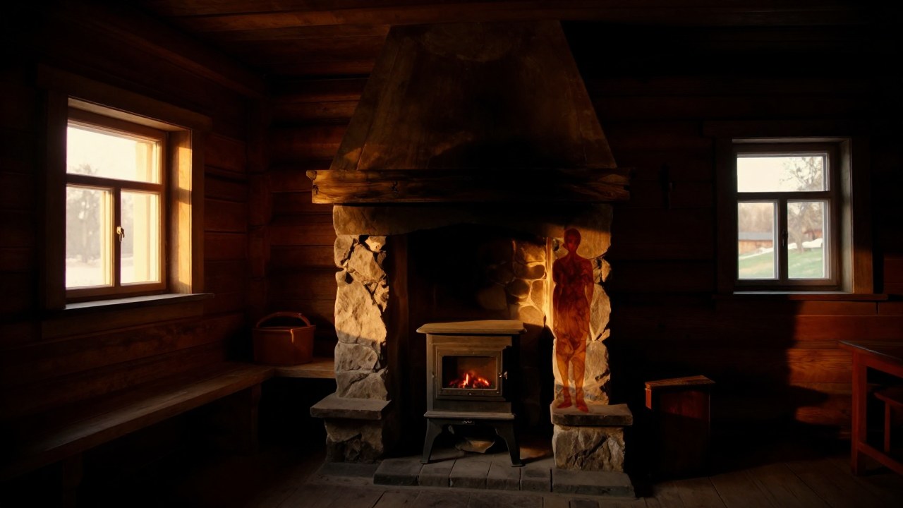 Interior de una antigua casa rusa de madera, centrada en la chimenea y la estufa, con una presencia espiritual protectora.