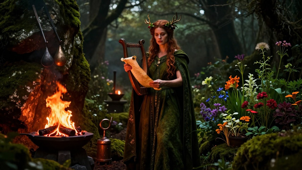 Una figura femenina en un bosque ancestral que porta símbolos de fuego, curación e inspiración.