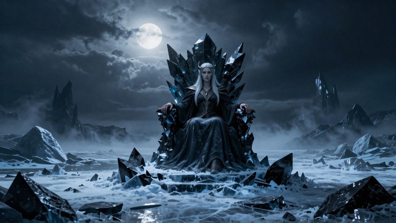 La diosa Hel se sienta en su trono de hielo, dominando el vasto y desolado reino de Helheim.