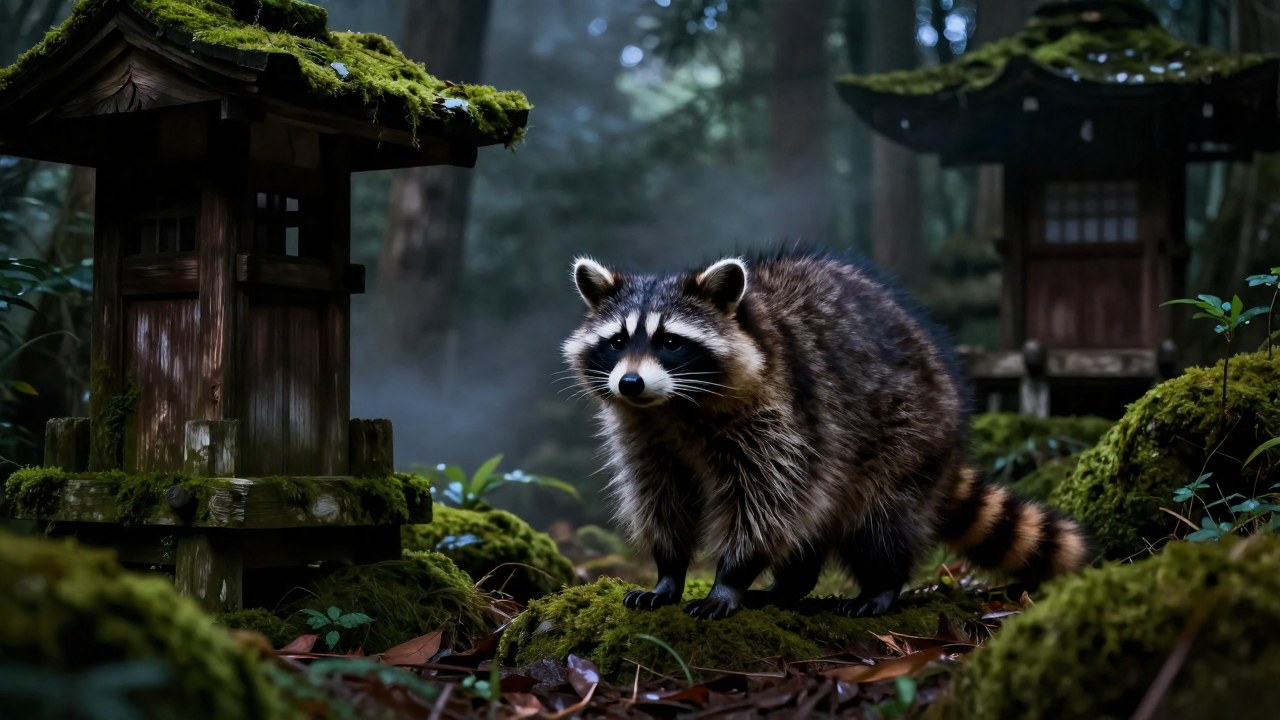 Tanuki transformándose en un bosque japonés antiguo y brumoso, reflejando su rol de cambiaformas.