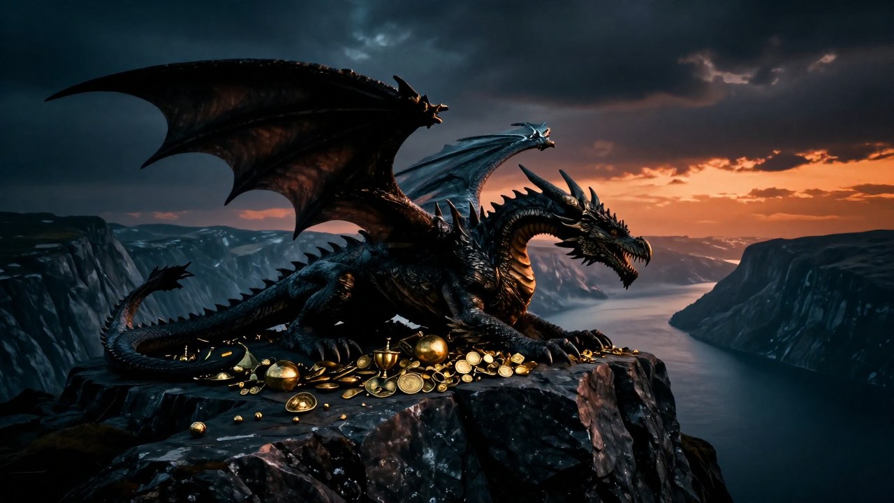 Un dragón nórdico colosal descansa sobre un vasto tesoro rodeado de artefactos en un saliente rocoso.