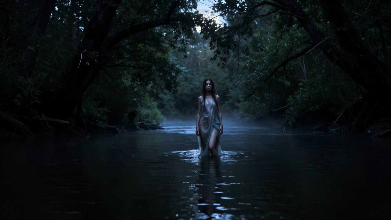 Figura femenina emerge de un río oscuro en medio de un entorno boscoso y brumoso.