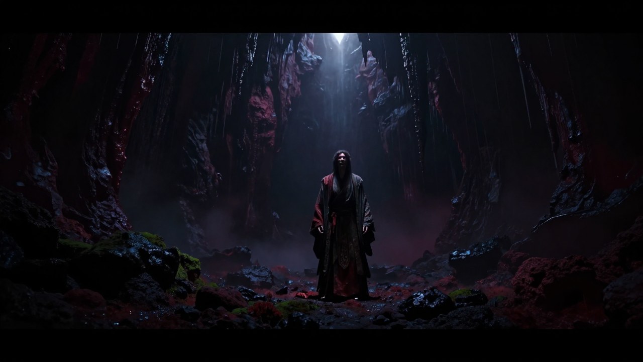 Izanagi, vestido de túnicas ceremoniales, atraviesa el paisaje desolado del reino subterráneo de Yomi.