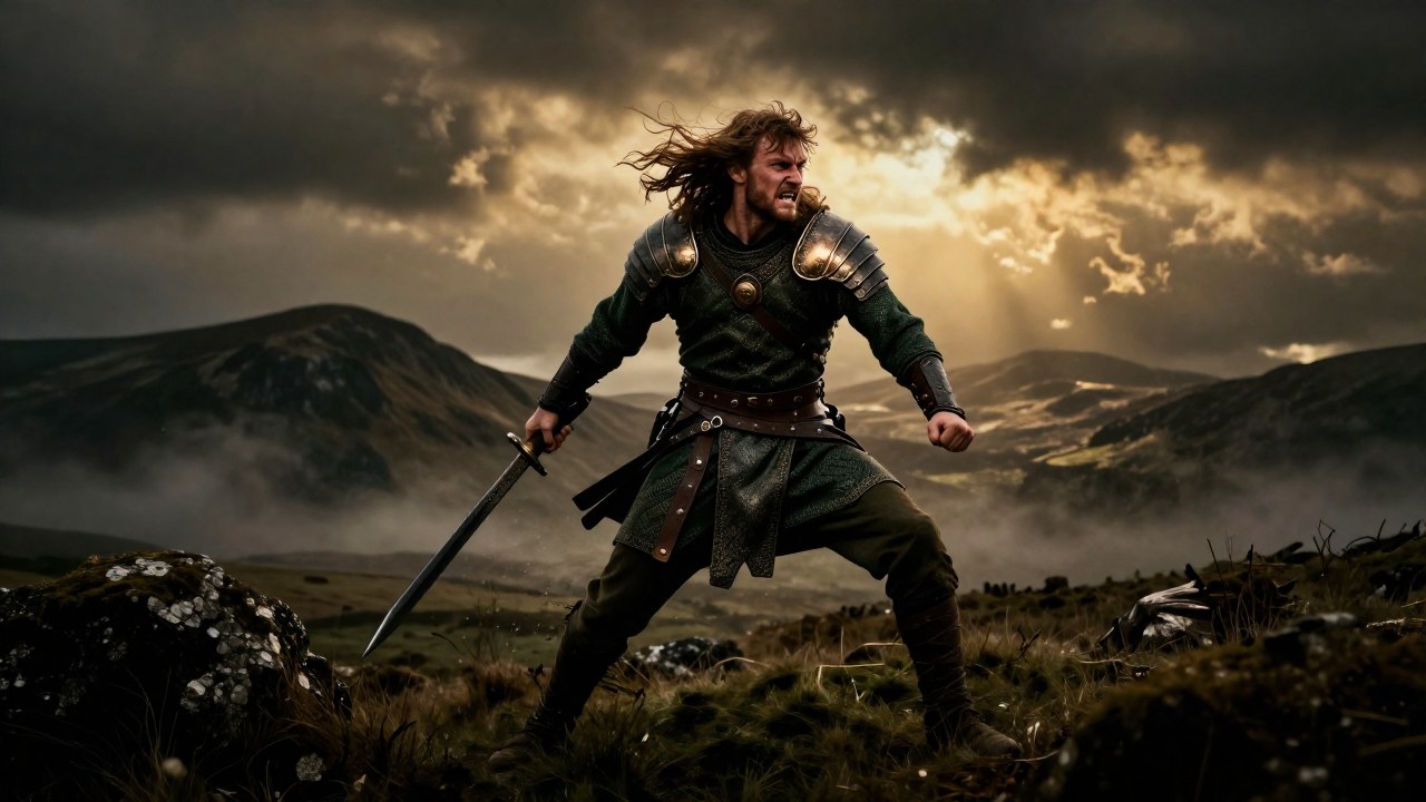 El guerrero mítico Cú Chulainn en una poderosa carga sobre un campo de batalla brumoso.