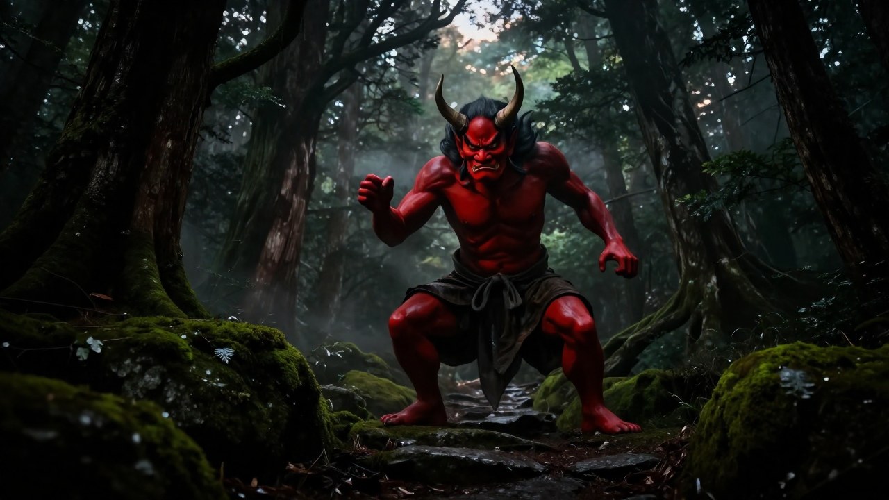 Figura Oni con piel roja y cuernos emerge de la niebla en un bosque montañoso japonés.