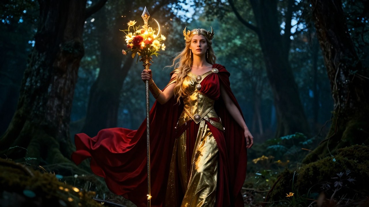 Diosa Freya, con vestimentas de oro y carmesí, en un paisaje forestal nórdico al atardecer.