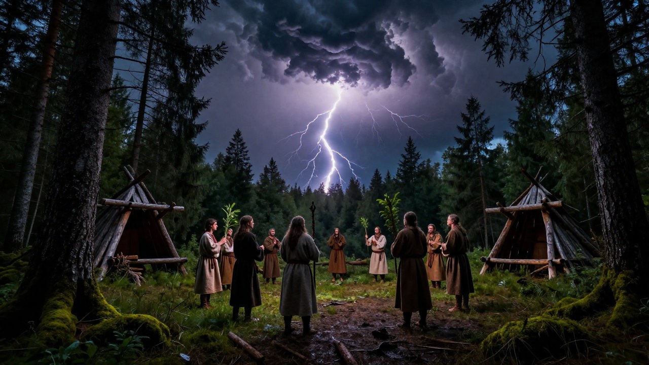 Figuras realizando un ritual pagano en un claro boscoso, iluminadas por un relámpago bajo un cielo tormentoso.