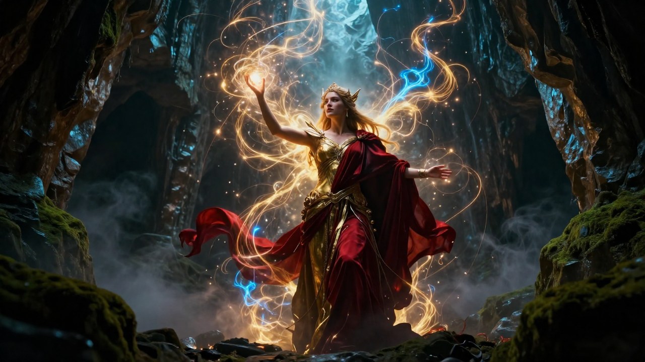 La diosa Freya está en una caverna antigua, concentrada en canalizar poderosa energía mágica.