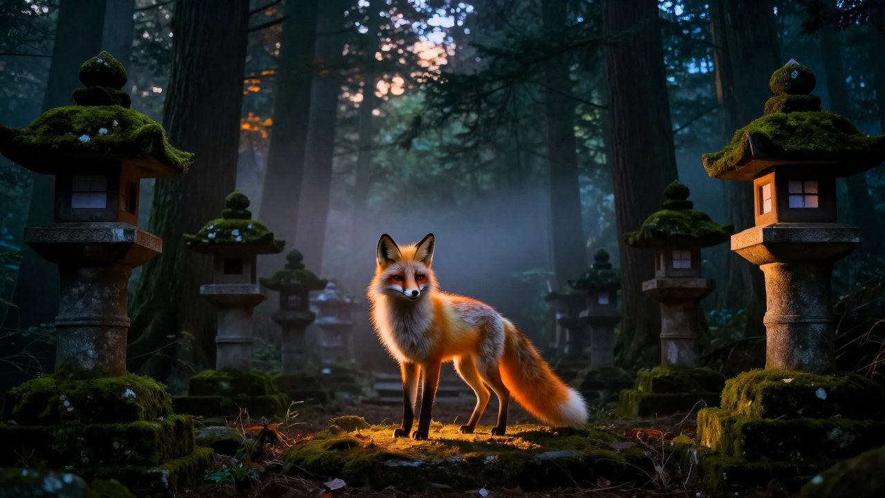 Espíritu Kitsune de pie en un bosque tradicional japonés cubierto de niebla al anochecer.